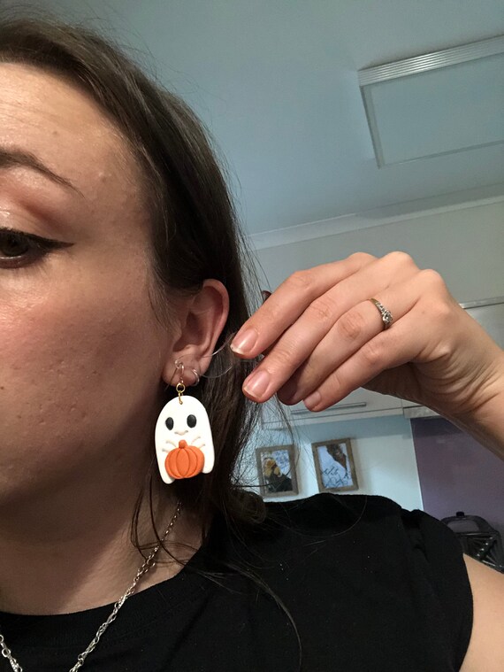 Halloween handmade ghost with pumpkin polymer clay earrings (Large Ghost)