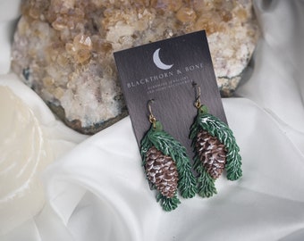 Snowy Pine Cone Drop Earrings | handcrafted jewellery, cottage core earrings, pinecone jewellery