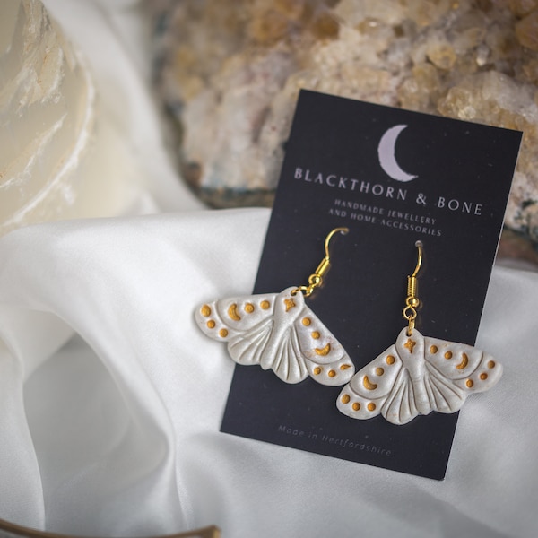 Pearlescent White Moth Embossed Statement Earrings / Moth Jewellery, Cottagecore, Celestial Earrings