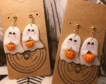 Halloween - Handmade ghost with pumpkin polymer clay earrings
