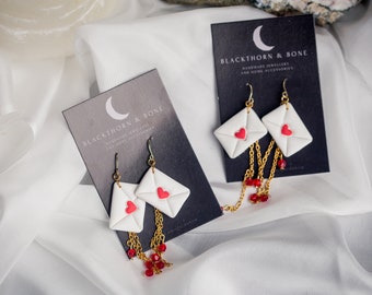 Love Letter Earrings with chain and crystal beads - Gifts for her - Valentines Day Gifts
