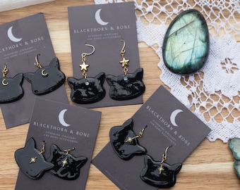 Celestial Cat Earrings - Free UK Postage - Handmade jewelry | Moon Cat | Star Cat | Black Cat Jewellery
