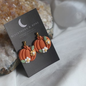 Halloween - Handmade Floral Pumpkin polymer clay earrings - fall, autumn, cosy - free UK shipping, ball stud, Halloween Clay Earrings UK