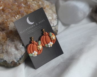 Halloween - Handmade Floral Pumpkin polymer clay earrings - fall, autumn, cosy - free UK shipping