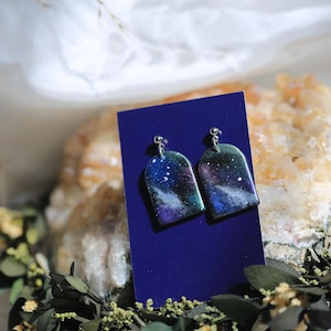 Galaxy Patterned Clay Arch Earrings | Celestial Jewellery, Space Jewelry, Handmade Earrings, Nebula, Colourful Gift for Her