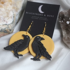 Raven and Full Moon Drop Earrings - handmade jewellery, Raven, crow, Corvid, witch jewellery, witchy earrings, Halloween jewellery, birds