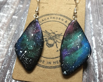 Medium Galaxy Patterned Clay Earrings | Celestial, Space Jewellery, Nebula, stars, starburst