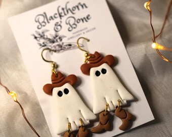 Ghost Cowboy Earrings - Handmade Polymer Clay Jewellery, Halloween and Spooky Season Fashion
