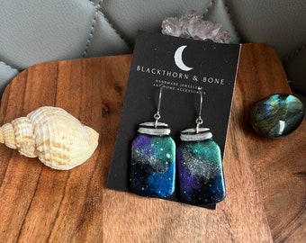 Galaxy Pattern Mason Jar Earrings - cute space earrings, statement earrings, nebula jewellery
