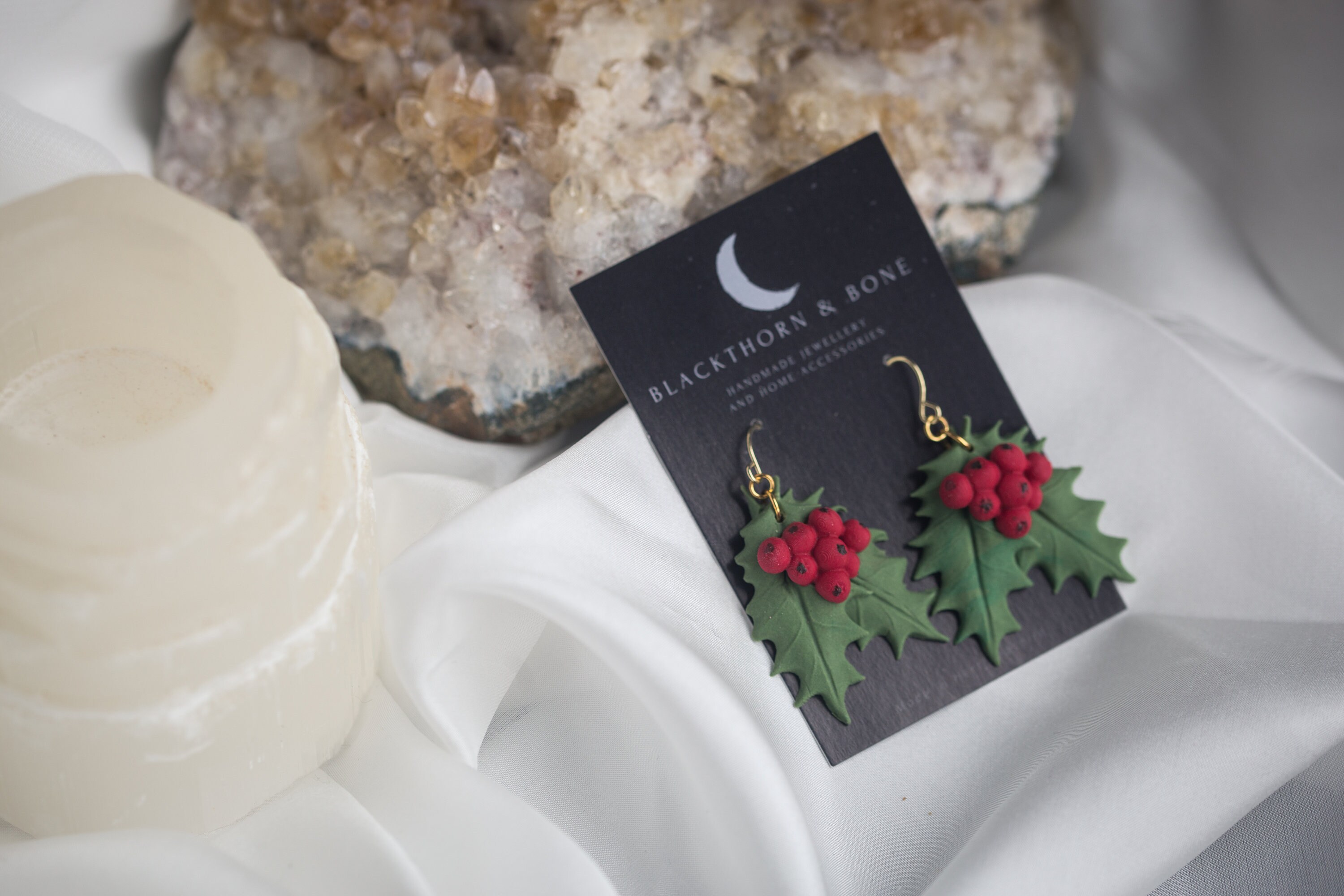 Christmas Holly Earrings - Green Glitter With Red Berries, Nickel-Free Silver Hooks