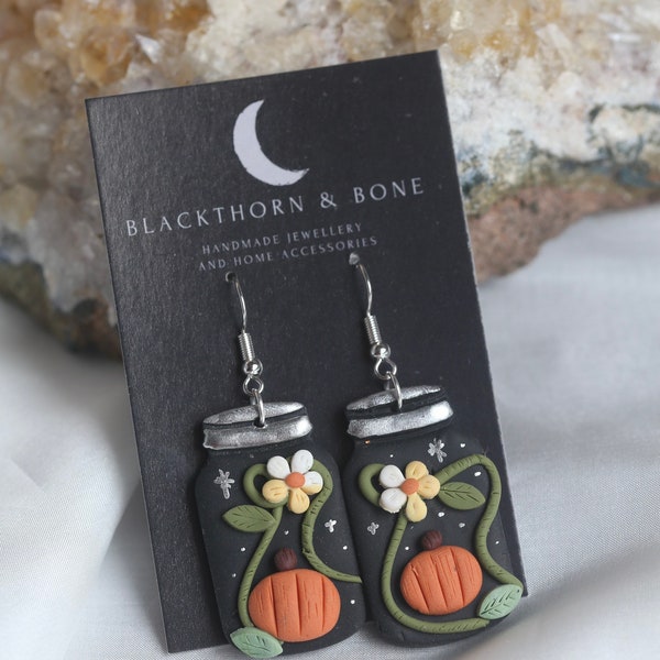 Halloween - Handmade Pumpkin mason jar polymer clay earrings - fall, autumn, cosy - free UK shipping