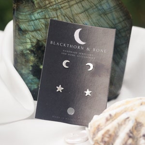 Handmade Sterling Silver Moon and Star Stud Earring Set - Tiny stud earrings, dainty jewellery, celestial earrings