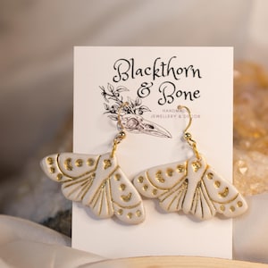 Pearlescent White Moth Embossed Statement Earrings / Cottagecore, Celestial, Butterfly, Moon Phase