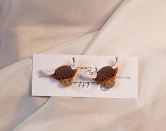 Handmade Highland Cow Studs - Polymer Clay Cow Earrings, Scottish Highlands Jewellery, Designed in the UK