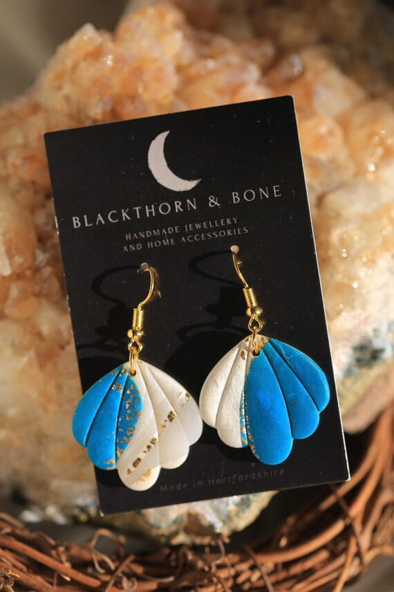 Blue and White Pearlescent Scallop Shaped Earrings - Handmade Polymer Clay Jewellery with Free UK Shipping, Gift for Her