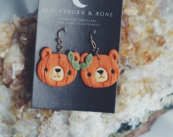 Floral Pumpkin Bear polymer clay earrings - fall, autumn, cosy, cute earrings, bear jewellery