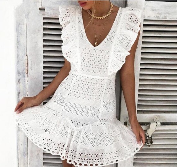 White Eyelet Ruffle Cotton Dress - Etsy
