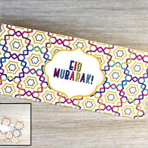 May include: A white card with a colorful geometric pattern and the text "Eid Mubarak!" in a gold frame.