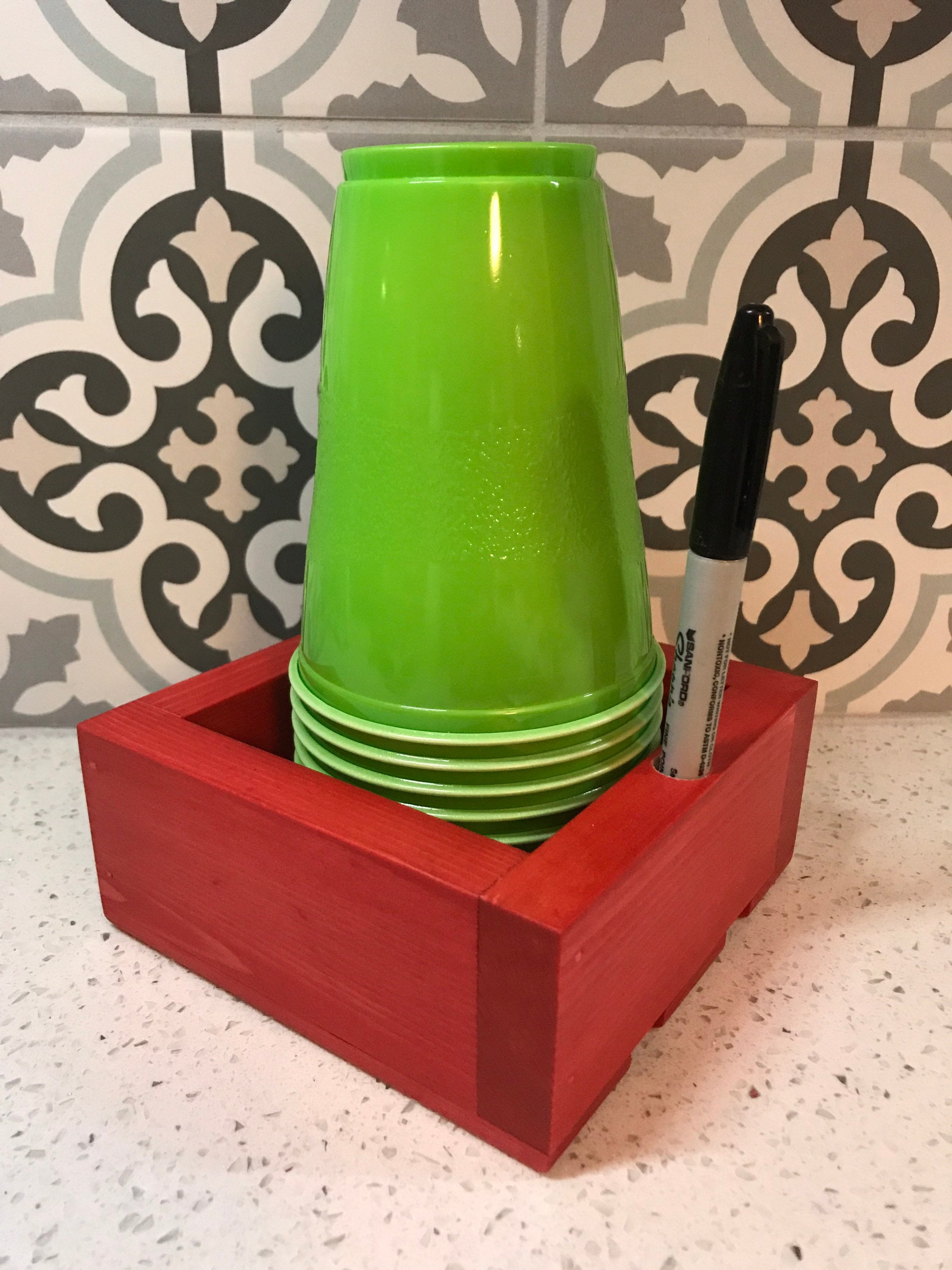 Red Stained Solo Party Cup Holder with Pen Holder Etsy