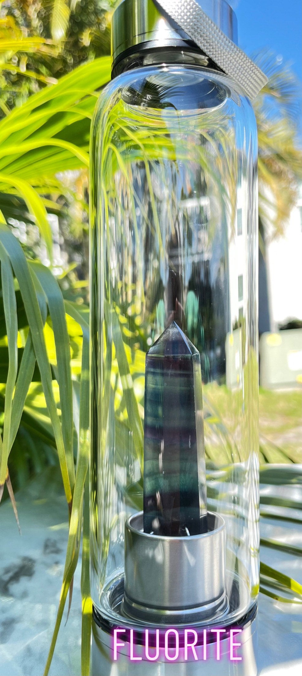 Botella de agua de cristal natural, botella de agua de cristal energético  con piedra preciosa central de elixir de cristal para curación y bienestar