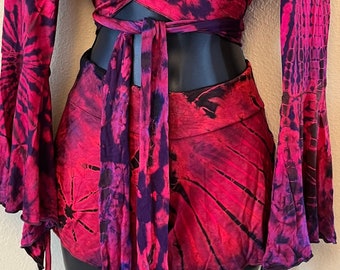 Handmade Tie-Dye Festival Shorts, Adjustable Ruched Shorts, Boho Yoga Shorts, Women’s Hippie Clothing, Summer Shorts