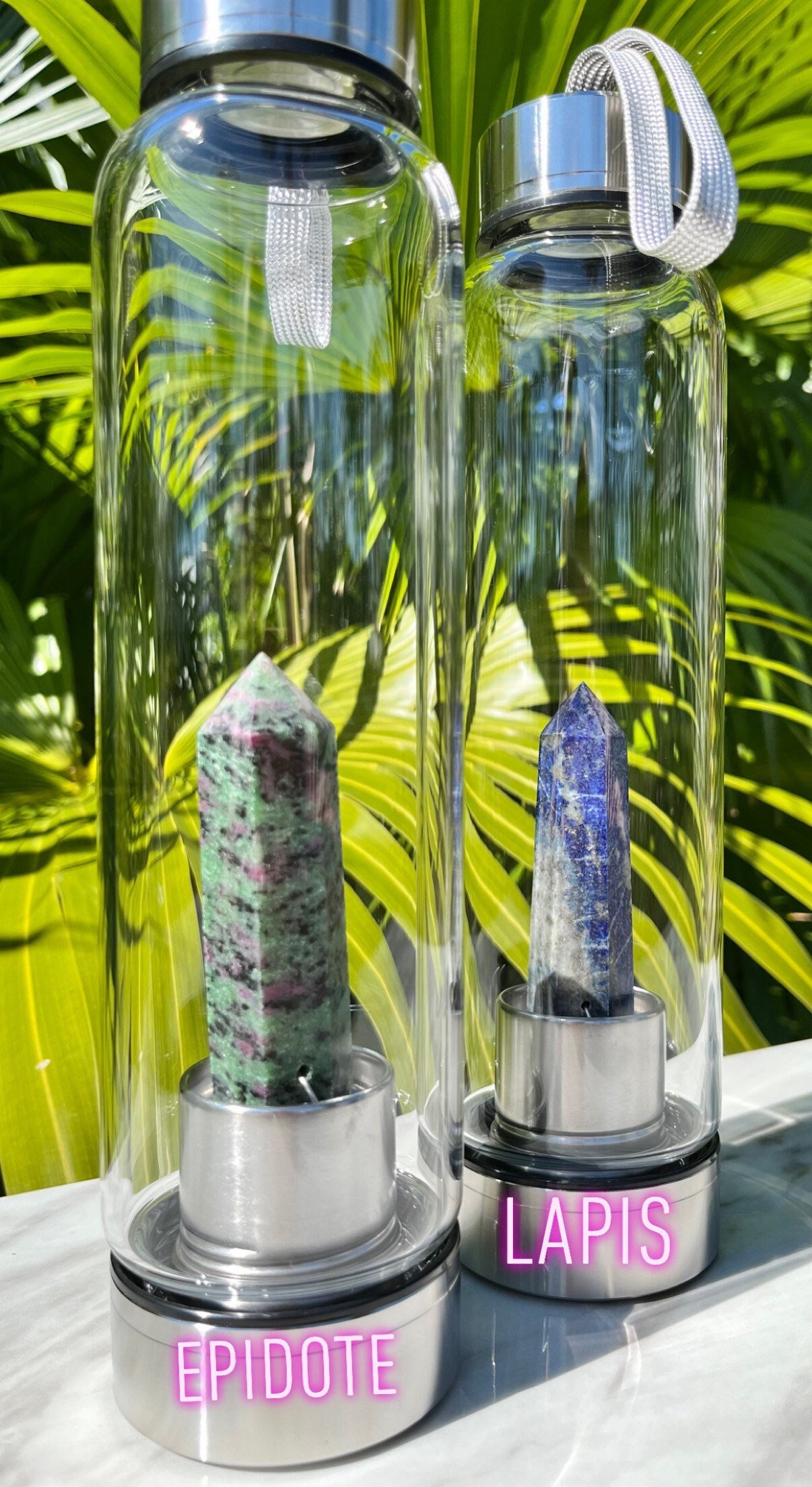 Botella de agua de cristal – Botellas de agua con infusión de cristal de  cuarzo rosa, botella de agua energética de vidrio de borosilicato curativo