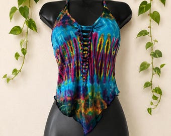 Handmade Tie-Dye Lace Up Halter Top, Boho Festival Crop Top, Adjustable Tie Back Tank, Women’s Hippie Clothing