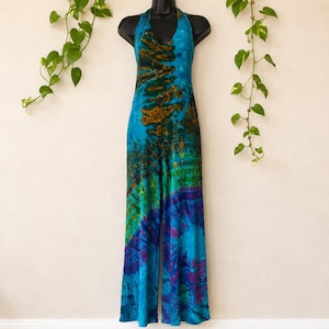 Tie Dye Halter V Neck Open Back Jumpsuit, Boho Hippie Stretchable Comfortable Romper, Party Festival Fits Women's Clothing