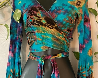 Bell tie top, Long sleeve crop top, Angel Wing Bell Sleeve Tie dye top, Boho, Tie Front or Back Ruffle Bell Sleeve