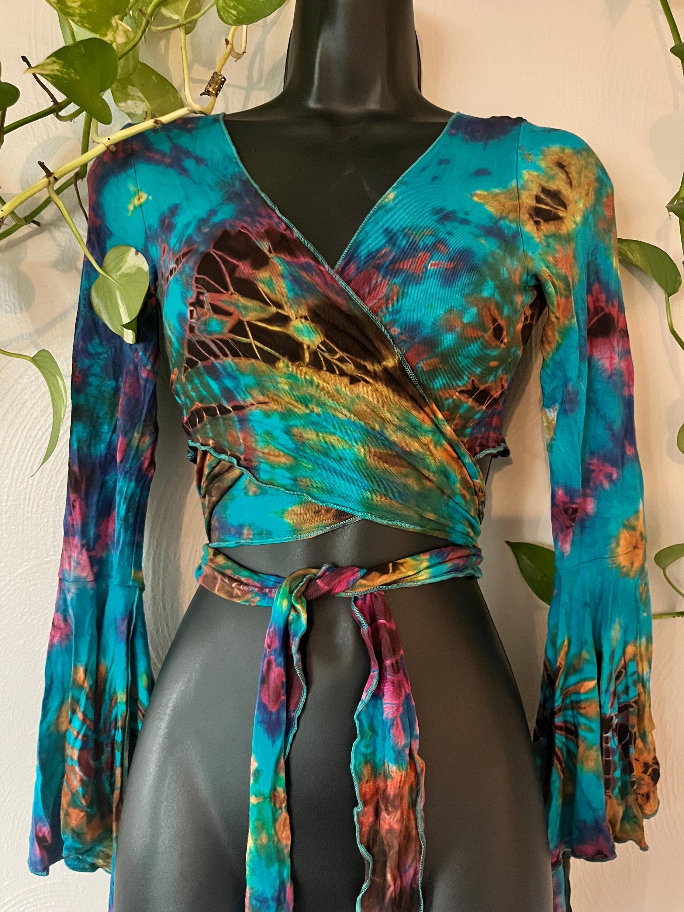 Tie Dye Crop Top With Long Flare Sleeves - Colourful Wrap Front/Back, Cotton Spandex, Sizes 2-8 US - View #11