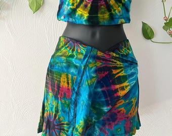 Tie and Dye Mini Skirt with Built-In Shorts, Comfortable Stretch Summer Skorts, Women’s Yoga Active Sportswear Clothing, Ladies Going Out