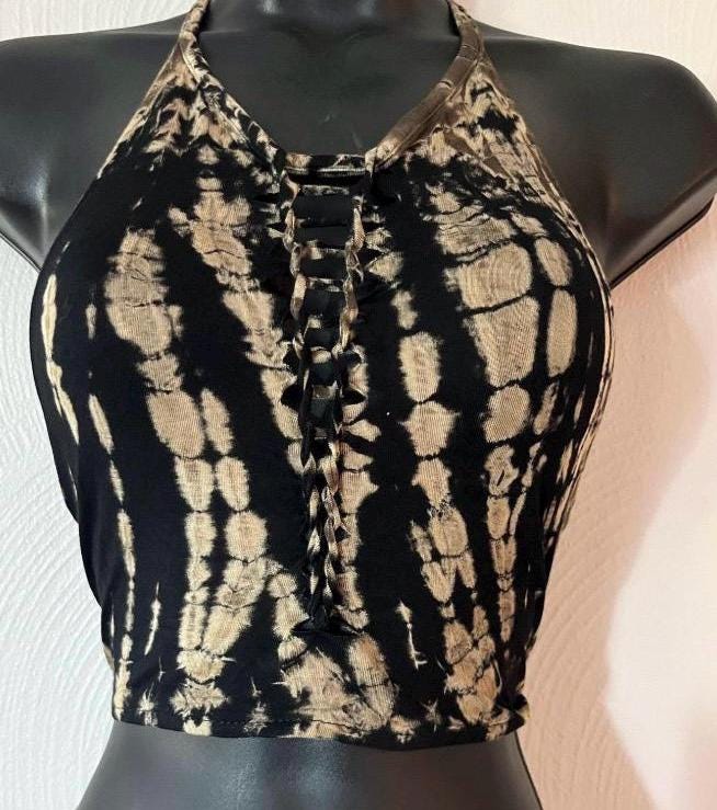 Handmade Tie-Dye Halter Crop Top, Lace-Up Front Tank, Adjustable Tie Back Top, Boho Festival Clothing, Women's Hippie Top