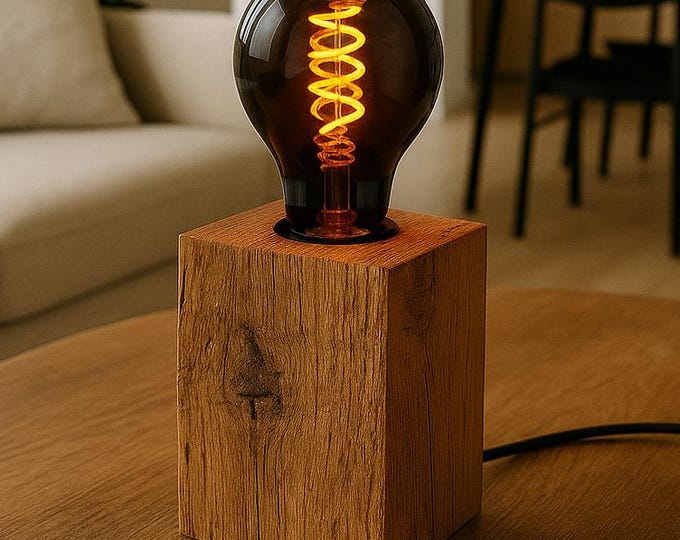 Table lamp / bedside lamp, vintage oak, bulb selectable - LED - oiled - beveled - dimmable - Dark Edition - handmade in Germany