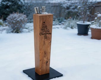 Personalized oak Christmas torch (20-90 cm) with custom engraving – Winter decoration for garden, patio, or balcony, 24 designs – Outdoor lighting