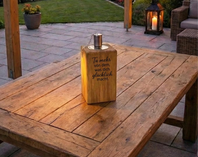 Wooden garden torch made of oak with engraved saying – modern garden decoration & table decoration for outdoors – 12 designs – perfect for housewarming or as a gift