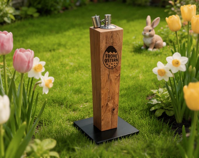 Personalized oak torch, 36 designs: Easter, 20–90 cm – wooden torch with engraving – Easter gift for family, garden decoration for spring, balcony