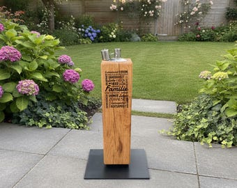 Oak wood garden torch – Family & Home motif – Patio and balcony decoration – Gift for home and family – Outdoor home accessory