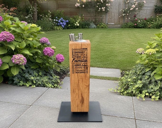 Oak wood garden torch – Family & Home motif – Patio and balcony decoration – Gift for home and family – Outdoor home accessory