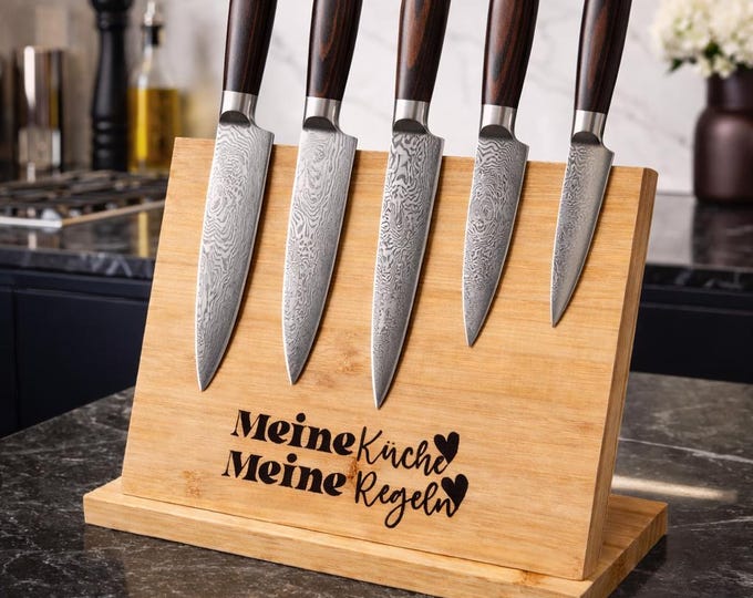 Personalized wooden knife holder with 18 designs | Engraved knife block | Gift for chefs | Unique kitchen decor gift idea
