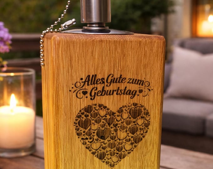 Oak garden torch – handcrafted 60 cm oil torch with individual engraving – stylish birthday gift for family & friends