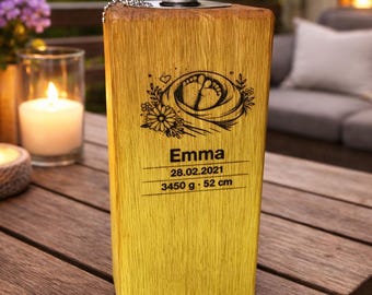 Personalized oak garden torch – Handmade oil torch 20 cm – with custom engraving for a birth – Gift for baby & family