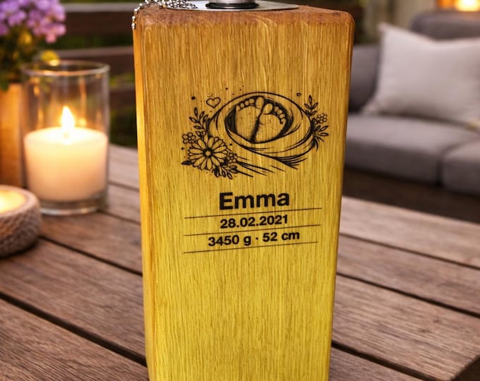 Personalized oak garden torch – Handmade oil torch 20 cm – with custom engraving for a birth – Gift for baby & family
