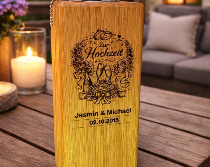 Personalized oak wedding garden torch – oil torch with names & date – handmade wedding gift – oil torch