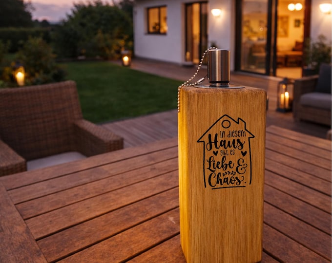 Personalized garden torch made of oak & stainless steel – family motifs – 26 engravings – special gift for home, patio and garden – 20 cm