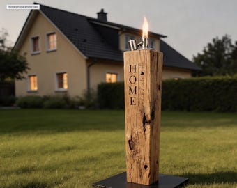 Torcia da giardino rustica in rovere - 500 disegni per incisione personalizzata - torcia da patio (nomi, date, frasi e simboli) alta da 20 a 90 cm
