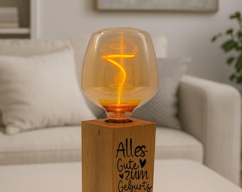 Personalized oak table lamp with 500 custom engravings – vintage bedside lamp with selectable LED bulb – oiled, beveled, dimmable