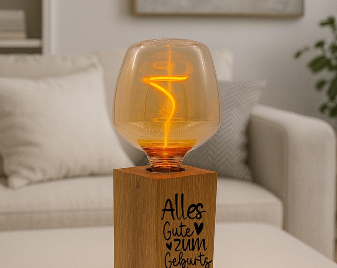 Personalized oak table lamp with 500 custom engravings – vintage bedside lamp with selectable LED bulb – oiled, beveled, dimmable