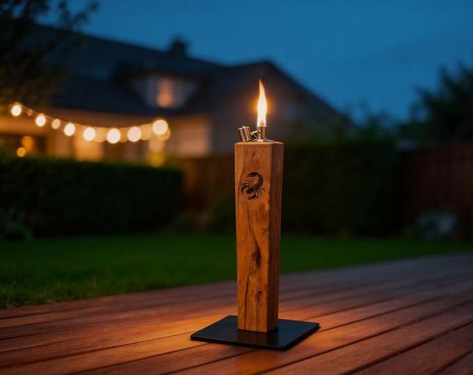 Garden torch with zodiac sign (20-90 cm) – personalized constellation engraving – astrology design, firelight, natural decoration, patio, outdoor gift
