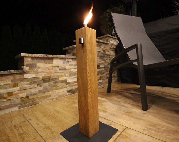 Garden torch made of oak / patio torch / oil torch with safety lock - refillable - handmade - base color black