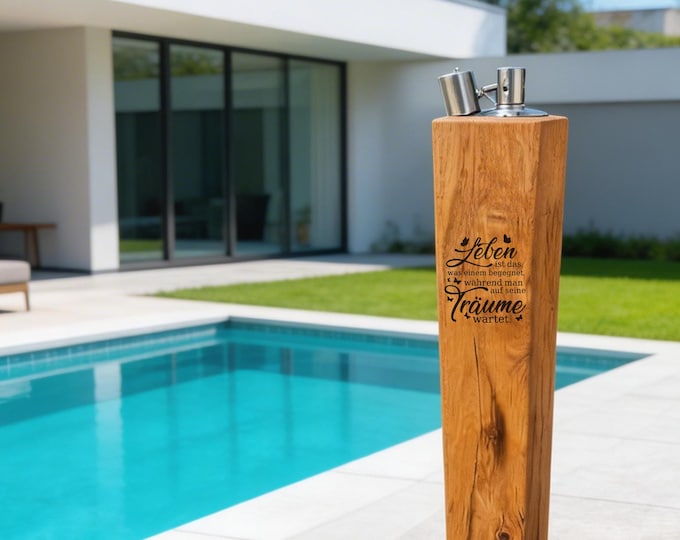 Oakwood torch – Memories last – Motif: Happiness, Love, Moments – Designer light for outdoor areas, retreats – Height 20-90 cm – Decoration